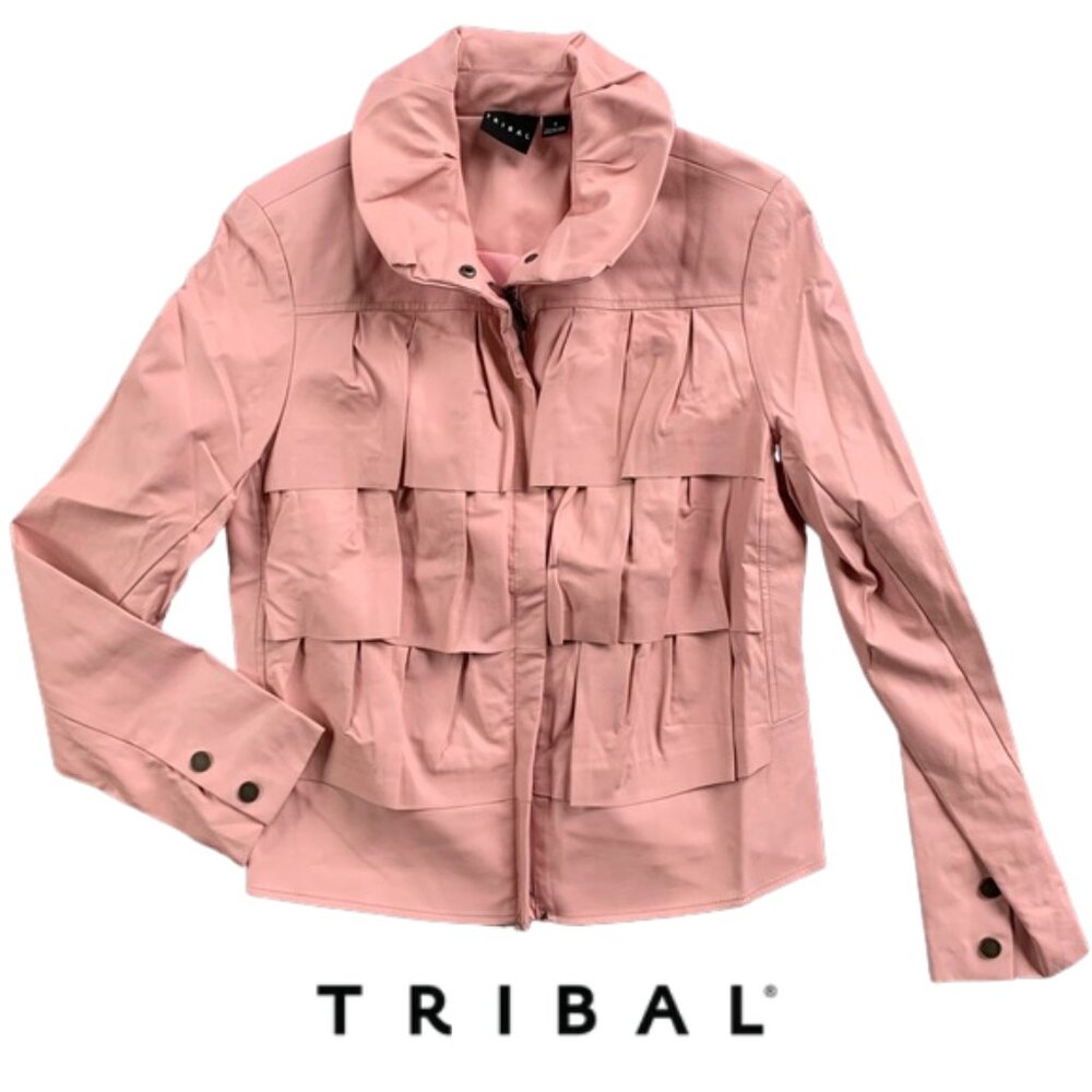Tribal Faux Leather Jacket, Tiered Ruffles,  Full Zip Front, Pink Size 4, EUC